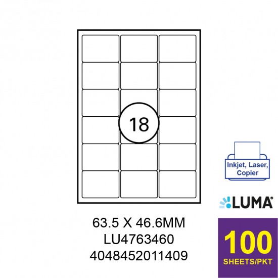 LUMA LU4763460 LABEL FOR INKJET / LASER / COPIER 100 SHEETS/PKT WHITE 63.5X46.6MM